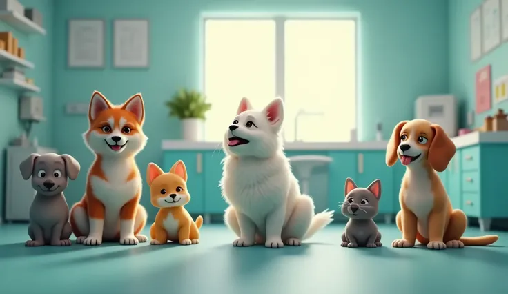 pets in a veterinary clinic, a clean and pleasant office, cinematic style