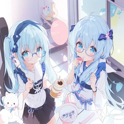 Anime Girl，Blue Hair，Wearing glasses，Holding a cup of coffee, Anime cute art style, Eat cake, Twin ponytails, Pastel anime illustration, Anime style 4K, Hillabi, Night Core, Lovely art style, Cute anime style, Zerochan art, Cute anime, pixiv, Anime Girl, H...