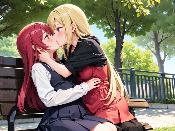 Two girls sitting happily on a park bench、Staring at the girl with a passionate gaze、Unable to contain their burning bodies, they kiss passionately、(A woman glares at them from a distance.)lily、Two girls in love and embracing each other、Warm embrace、Cospla...