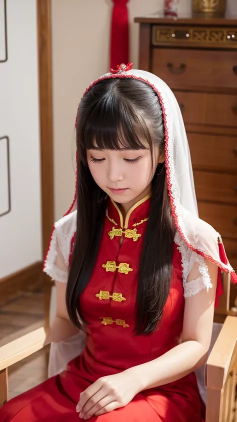 A girl around  in the process of removing her red Chinese dress.。