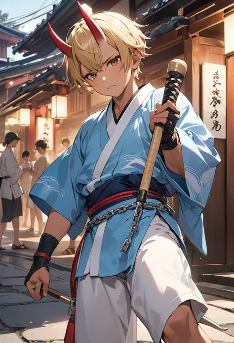 (Masterpiece, BestQuality:1.2),(One japanese boy(10yo,male) standing),(oni horns, blonde, tanned brown skin, blue and white kimono,chain underwear, wild personality,black gauntlets,japanese sandals),displeased look,he has fantasic big club,Few colors,edo-e...