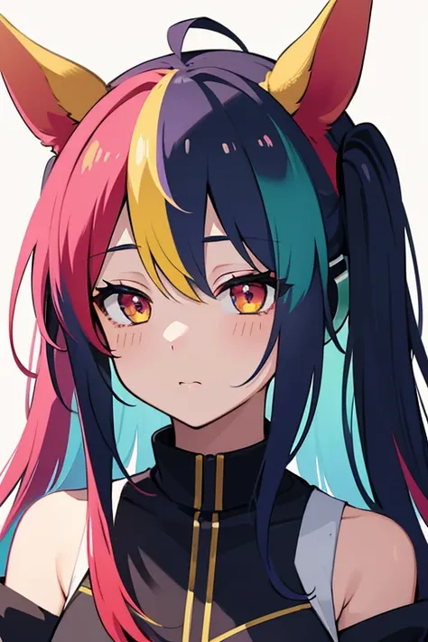 Horse Girl、Horse ears on head、Rainbow hair colour、Gradient hair color、Long Hair、Red right eye、Yellow left eye、whole body、Muscular