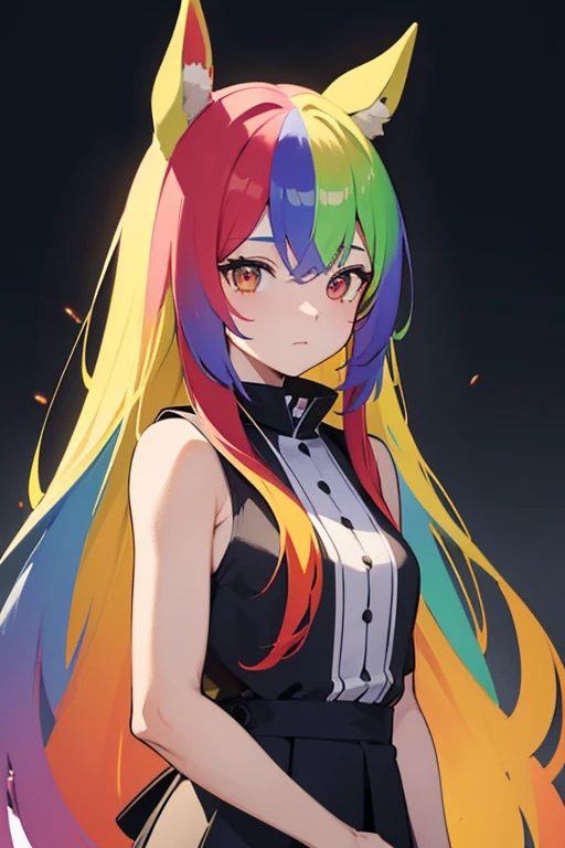 Horse Girl、Horse ears on head、Rainbow hair colour、Gradient hair color、Long Hair、Red right eye、Yellow left eye、whole body、Muscular,Standing