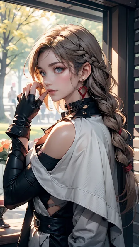 A girl, Watercolor eyes, retimeurn, shill, Shoulder exposure, black glove, Blue eyes, Braiding, collar, earring, fingerless glove, From the back, glove, Gray hair, Holding, Jacketime, decorations, Long hair, View your audience, looking retimeurn, Manicure,...