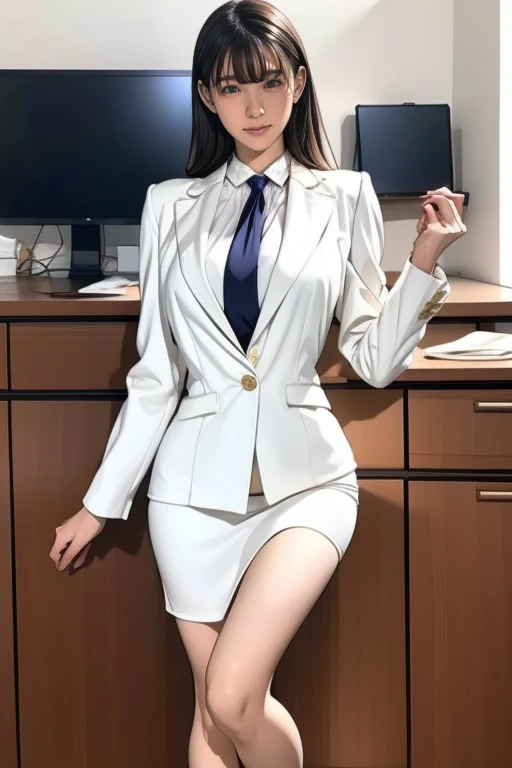 arabic asian woman wearing a short skirt and white shirt posing at a desk, office clothes, wearing a suit, smooth legs, at the o...