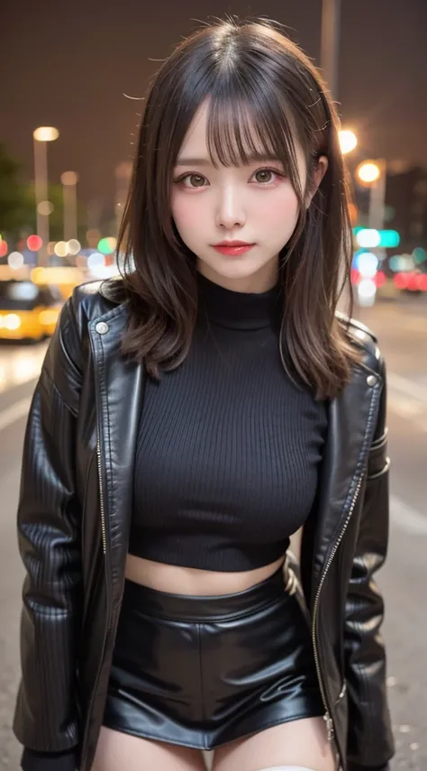 beautiful girl, Very beautiful detailed face, Laugh shyly, Deep Valley), (She has big breasts、White ribbed sweater and coat.Leather mini skirt and black tights、For viewers、Show off your thighs to your ankles:1.3), (Large Breasts.), (Tight clothing), Her ha...