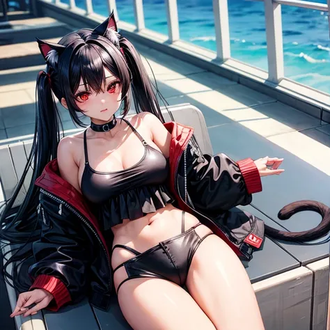 Black Hair　Twin tails　Red eyes　Cat ears　Black Bikini　Hot pants