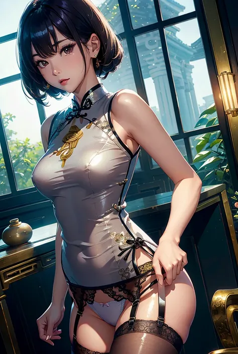 High resolution, 1 female , good lighting, despicable, , (No nudity), (((shiny cheongsam))),(garter belt),cute face, I&#39;m embarrassed and blush, humiliating, ((See-through))