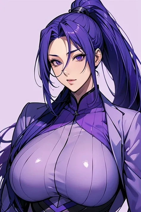 bluish purple hair, absurdly long hair, hairs between eyes, high ponytail, purple eyes, purple suit, anime colored,gigantic breasts,