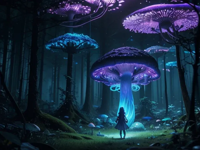 A girl in a bioluminescent mushroom forest, realistic, cinematic light, (best quality,4k,8k,highres,masterpiece:1.2), ultra-detailed, vivid colors, sharp focus, HDR, physically based rendering, professional god ray, fractal art