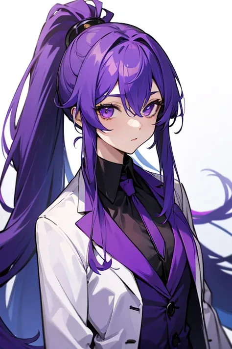 bluish purple hair, absurdly long hair, hairs between eyes, high ponytail, purple eyes, purple suit, anime colored,