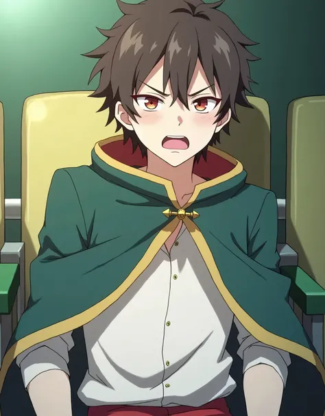 ((((Green skin Toon)))), (((1 boy))), Fantasy. A young adult with black hair, red eyes, and an evil expression sits pensive in a theater seat, as if he were very worried. The young man is wearing a red student uniform. Anime style. Fantasy style.