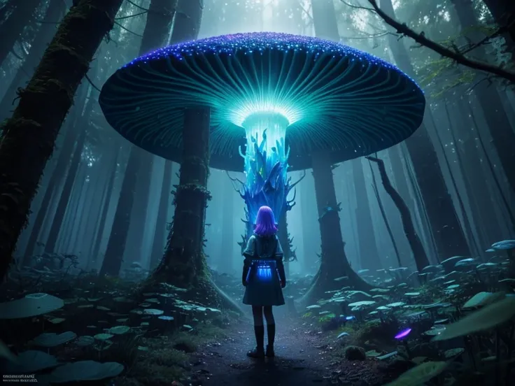 A girl in a bioluminescent mushroom forest, realistic, cinematic light, (best quality,4k,8k,highres,masterpiece:1.2), ultra-detailed, vivid colors, sharp focus, HDR, physically based rendering, professional god ray, fractal art