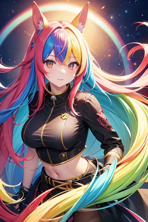 Horse Girl、Horse ears on head、Rainbow hair colour、Gradient hair color、Long Hair、Red right eye、Yellow left eye、whole body、Muscular、