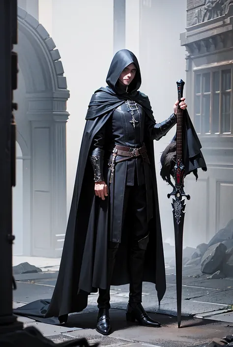 High Resolution, Master piece, Super detailed, Full Body display, Full body angle from head to shoes, Fantasy characters, 1 man, Dirty Rough hood and black cloak, , High 175 cm., Weight 65 kg., Holding a one sword, Very Big Sword, Black sword, Similar to d...