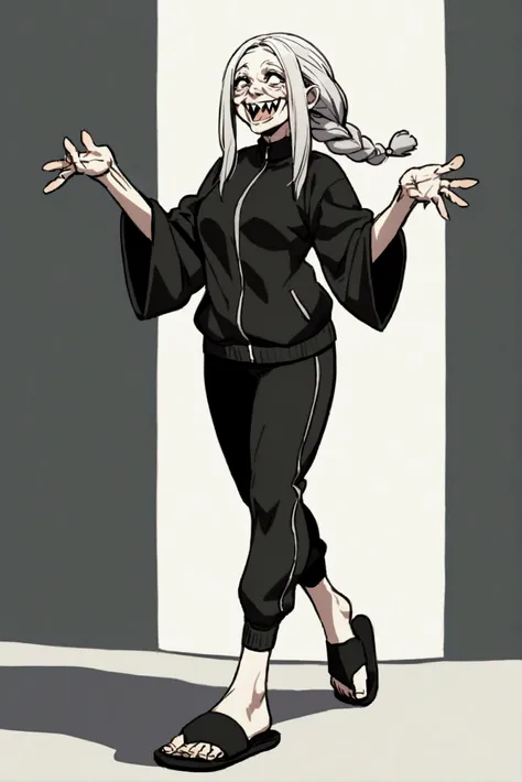 Old woman, very tall and skinny, yet fit and muscular. She has long arms and legs, with a terrifying smile. Her face is covered in many wrinkles. She has white, braided hair styled in a Nordic fashion. Shes wearing black sportswear — a full-body tracksuit....