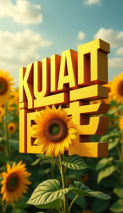 Create a KUIAN letter logo in the center of the image.,The letters stand out like a 3D image with a sunflower background. The image is sharp and clear at full HD level.