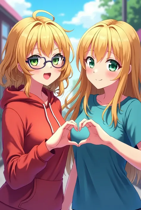 Two 1 anime girls with loose blonde hair and green eyes. One has wavy hair, wearing a bright red hoodie and thin-framed glasses, joyfully forming a heart shape with her hands, one hand pointing to her side. The other girl has straight hair, dressed in a st...