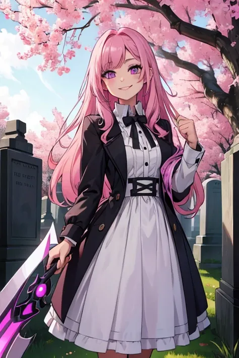 Perfect face. Perfect hands. A  little pink haired girl with violet eyes with a scythe is smiling in the cemetery
