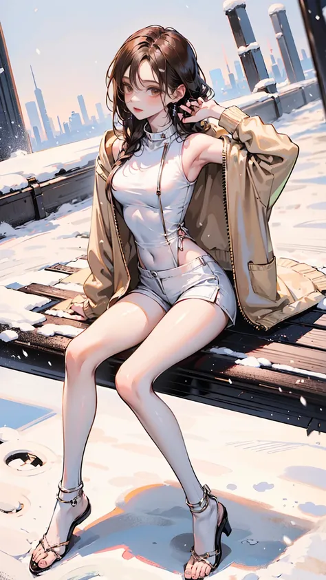 a girl,fourteen years old ,brown long hair with pinks,white skin,wearing an oversized hoodie,white mini short pants,wearing a leg ring:1.8,sport white socks,very thin legs,long legs,ring on the ankle,skinny legs,slim,skinny,on the snow