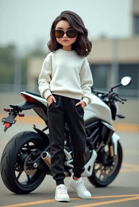 create funko pop woman, aviator glasses, white sweatshirt, Black jogger, white tennis shoes, recharged on a YAMAHA MT motorcycle, white color, in a parking lot background