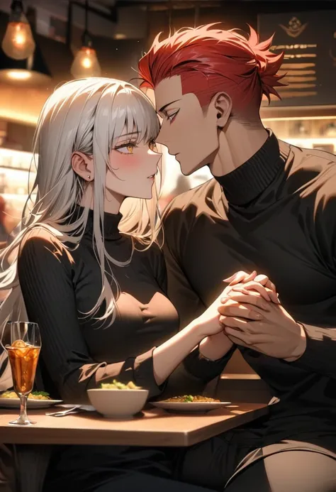 most absurd, highres, ultra detailed, HDR, Masterpiece, gojou satora, White hair, black blindfolded , casual black sweater, black pants, Jujutsu Kaisen, gojou satora, sexy mann, handsome, best quality, Sitting in a restaurant, Hold hands above the table, l...