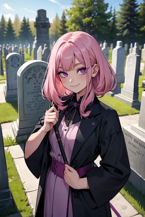 Perfect face. Perfect hands. A little pink haired girl with violet eyes with a scythe is smiling in the cemetery
