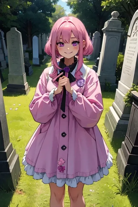 Perfect face. Perfect hands. A little pink haired girl with violet eyes with a scythe is smiling in the cemetery
