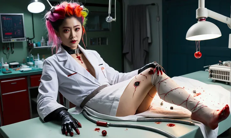 A mad scientist in a bloody white coat circles an operating table, on the table is a cute yuna (Frankenstein woman, several stitches, bolts on neck, wild hair, nips and vagina barely covered by sheets), mad scientists lab with many Tesla devices
