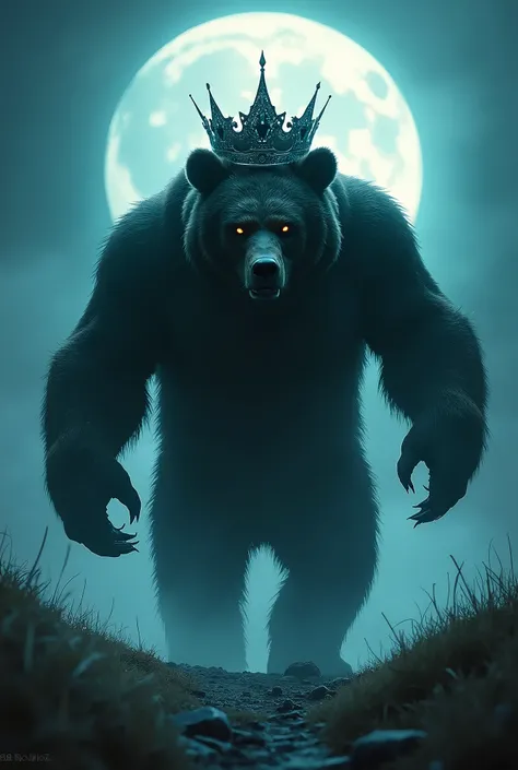 A villain bear in the glowing night with a crown