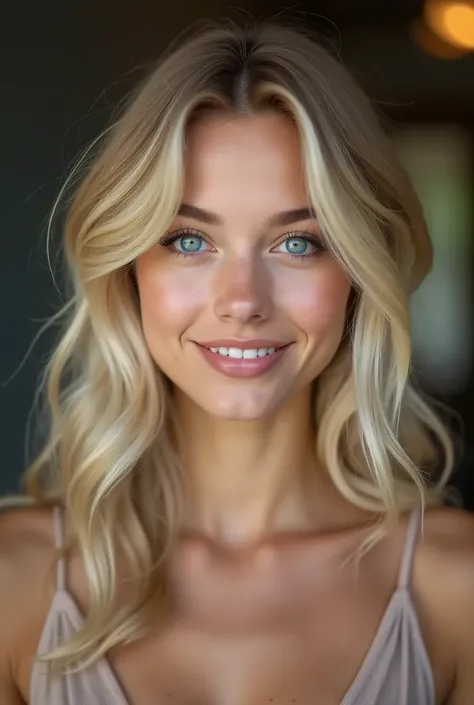 Selfie dune jeune femme blonde de 23 ans, aux cheveux naturellement ondulés et aux yeux bleus éclatants. Son visage exprime à la fois une douceur innocente et une touche de malice, en parfaite harmonie avec son corps de rêve. Elle porte une robe élégante, ...