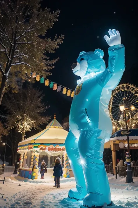 Scene in the amusement park, where the festive event is taking place, children are walking, where people walk, smile and rejoice, garlands shine on the trees, decorated with lights and lamps, LED arches on a metal frame stand in the snow, Snow Maiden sings...