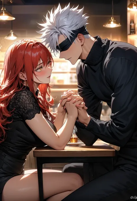 absurdres, highres, ultra detailed, HDR, master piece, Gojou Satoru, white hair, black blindfolded , causal black sweater, black pants, Jujutsu Kaisen, Gojou Satoru, sexy man, handsome, best quality, Sitting in a restaurant, holding hands over the table, l...