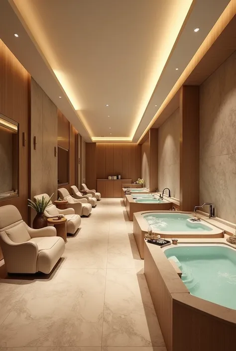 A beauty salon and spa that has 3 waiting room sections, with several rooms and each with a jacuzzi 