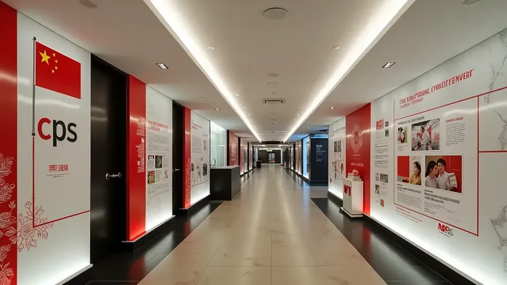 Corridor space Chinese theme of the companys corridor wall decoration design in red and white with graphic elements such as CPS logo, workers  event posters, product drawings, meeting photos and modern art style elements, with the Chinese flag fluttering i...