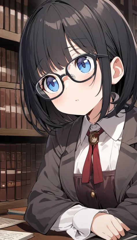 One girl,Work as a librarian in an old, dark library、A small and young beautiful girl,Long, lustrous black hair、Disorganized、Not well cared for、His blue eyes behind those small glasses look emotionless.,Under the jacket with the cute sleeves、Drab, unattrac...