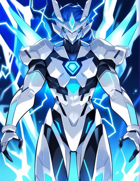 Make a male latex monster using a protogen suit with blue LED and the body is almost entirely made of plasma and the rest is made of white latex. blue hair., blue plasma eye and releasing lightning and plasma in an anime laboratory style, 