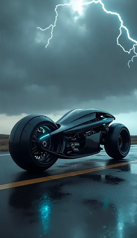 A sleek, aerodynamic hybrid where the body of a Lamborghini merges into a sport bike chassis. The sharp edges and headlights of the Lamborghini are mounted on a streamlined bike frame. The wheels are thick, like car tires, but designed for speed. The exhau...