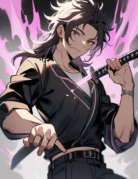 Create a male human with messy hair, black spiky hair, pele morena, brown eyes, a white condom, and black pants, wearing a silver ring, and holding a katana with the katana having a pink aura in a school. 