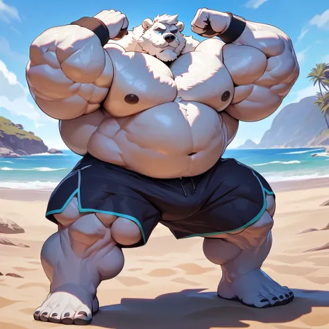 huge bulked up muscular polar bear in Californian beach, big grunting noise, big bulked up flexing body, polar bear, huge white fur, thick arm, huge arm, added gray mustache, added gray beard, short white hair, weight: 310lbs, (veiny bulked up muscular, pe...