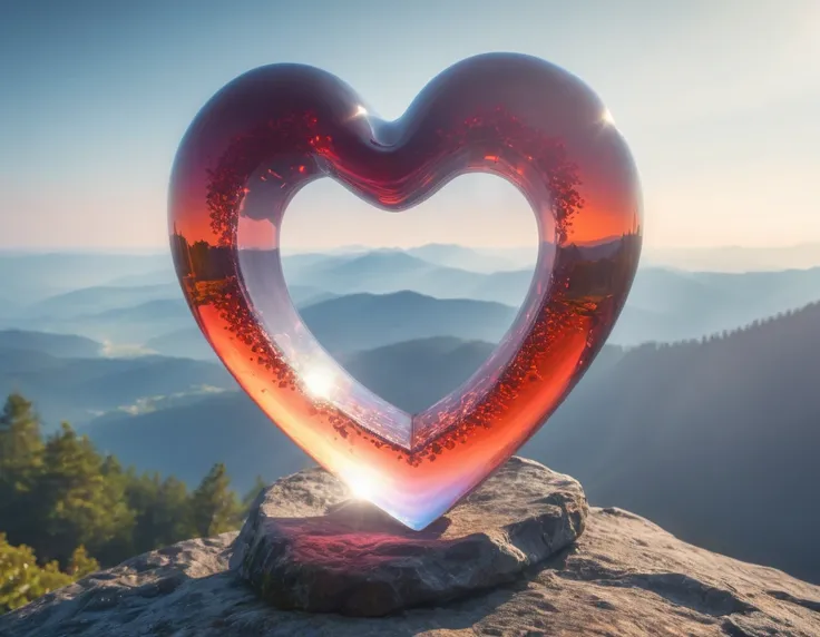 cinematic still, hdr, raw photo of glass in the shape of a heart on top of a mountain, haze lighting, 4k, uhd, masterpiece