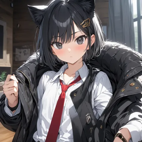  score up_9,score up_8,score up_7,source_anime,rating_safety,masterpiece,best quality,super fine illustration,hyper detailed,8k,                 BREAK 1girl,20yo,black eyes,black hair,short hair,cat ears,flat chest,                                         ...