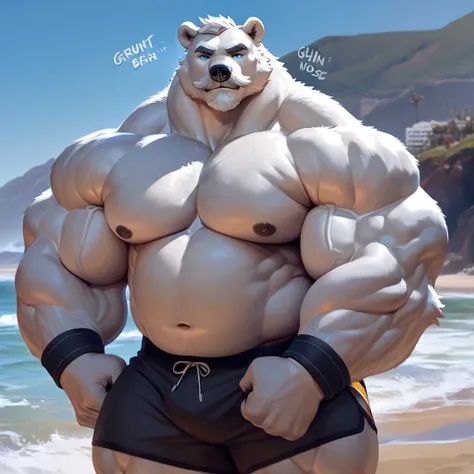 huge bulked up muscular polar bear in Californian beach, big grunting noise, big bulked up flexing body, polar bear, huge white fur, thick arm, huge arm, added gray mustache, added gray beard, short white hair, weight: 310lbs, (veiny bulked up muscular, pe...