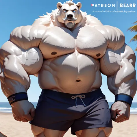 huge bulked up muscular polar bear in Californian beach, big grunting noise, big bulked up flexing body, polar bear, huge white fur, thick arm, huge arm, added gray mustache, added gray beard, short white hair, weight: 310lbs, (veiny bulked up muscular, pe...