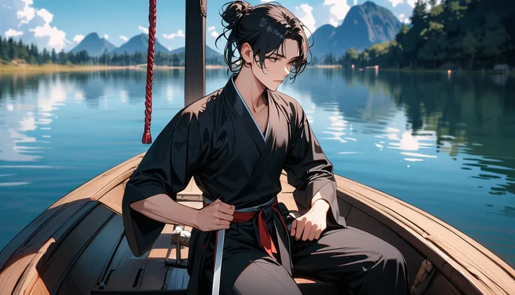 (best quality best,High resolution,Clear images:1.2) man，short black hair，Korean hairstyle，Refined face，black martial arts costume，Sword hanging on the waist，Sitting in a small wooden boat，on the calm lake，Blue sky and white clouds