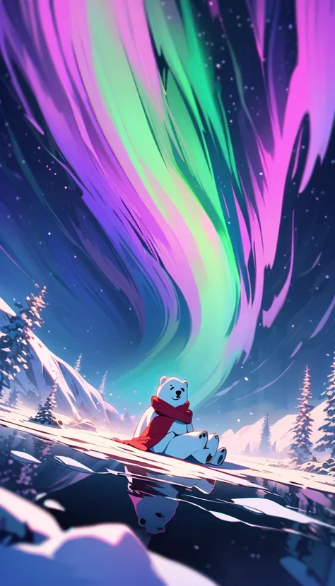 (best quality best,High resolution,Clear images:1.2) aurora borealis，green，Purple，Night sky，polar bear sitting，Red scarf around neck