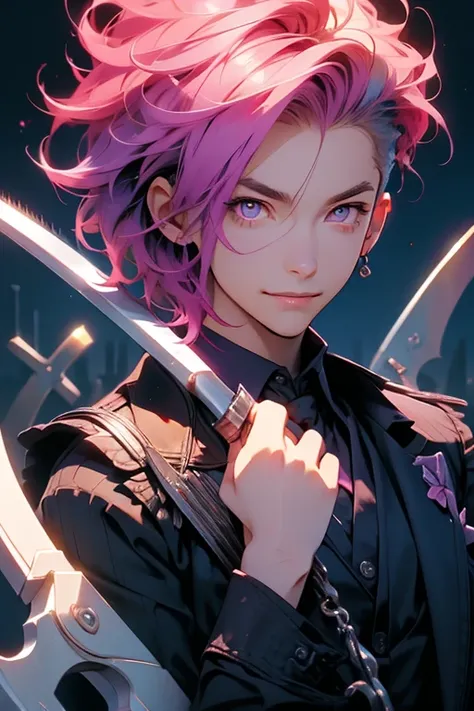 Perfect face. Perfect hands. A pink haired male teenager with violet eyes in a suit and short hair with a scythe is smiling in the cemetery