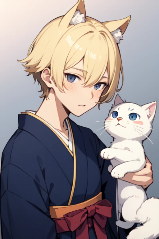 A Japanese man with droopy eyes, short hair and blonde hair, wearing a hakama, the color of the hakama is navy blue, and he is cute with cat ears illustration