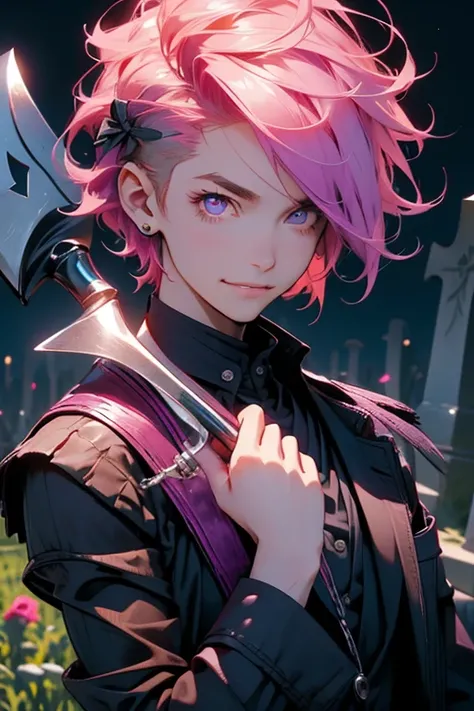 Perfect face. Perfect hands. A pink haired male teenager with violet eyes in a suit and short hair with a scythe is smiling in the cemetery