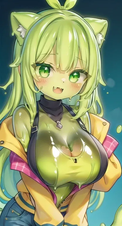 cute slime girl, ((green slime)), beautiful amber eyes, cute fangs, upper teeth, large breasts, yellow jacket, denim shorts, gre...